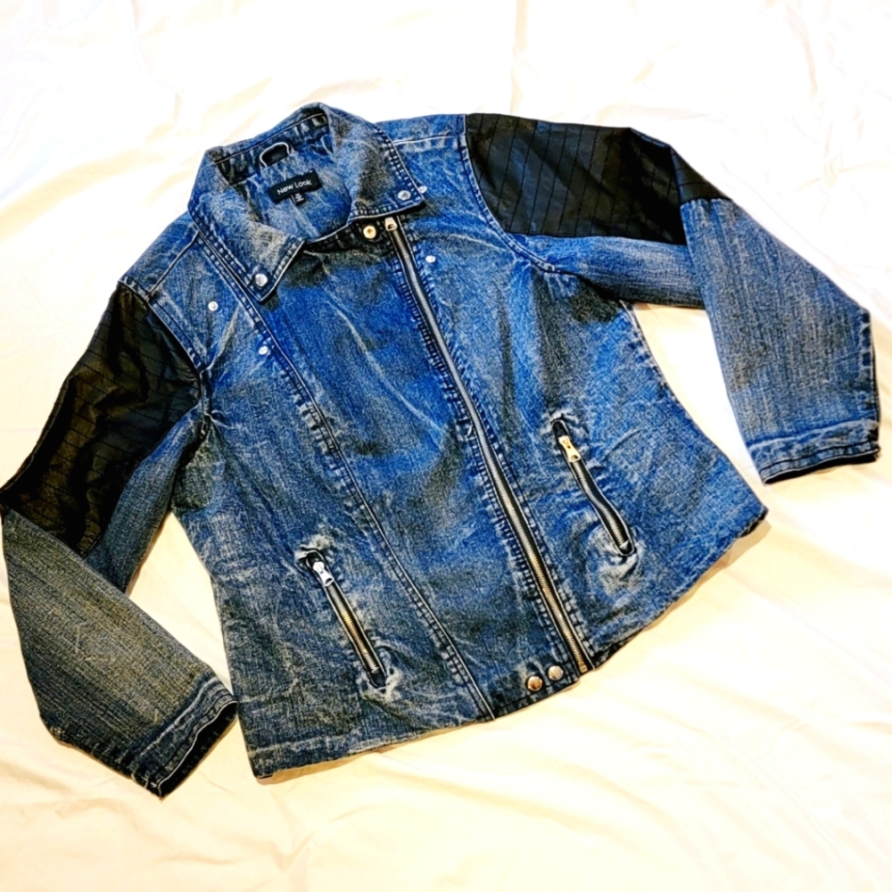 NEW LOOK faux leather and acid wash denim assymetrical zip jacket